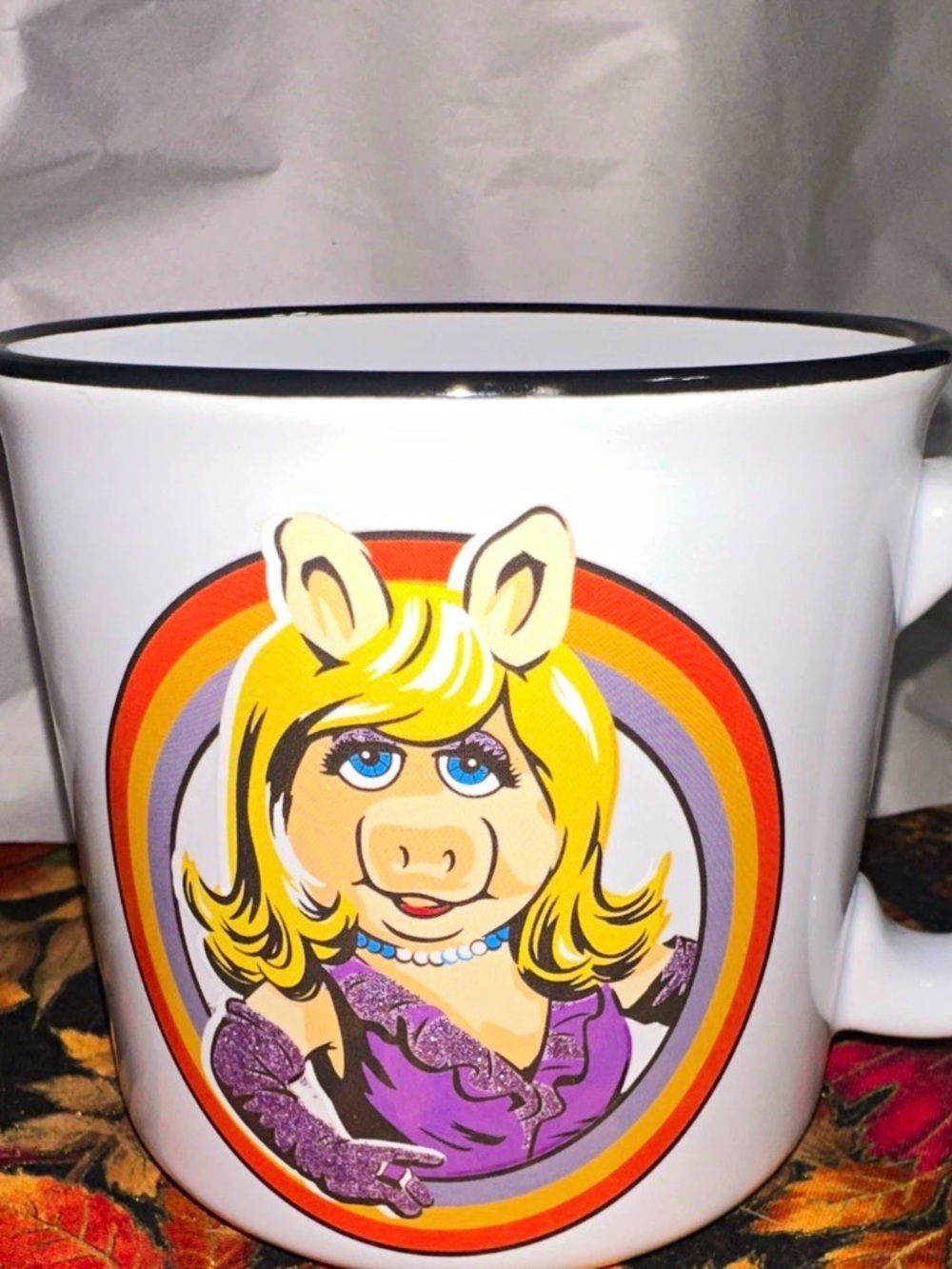 Disney Miss Piggy White Mug with Yellow, Purple, Red and Orange Graphic